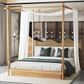 Modern Bedroom Wooden Canopy Bed with White Curtains Green Cushions and Headboard