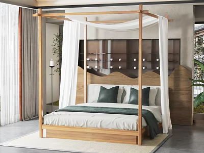 Modern Bedroom Wooden Canopy Bed with White Curtains Green Cushions and Headboard 3d model