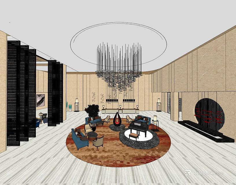Modern Hotel Lobby Interior With Circular Chandelier And Comfortable Sofa Seating 3d model