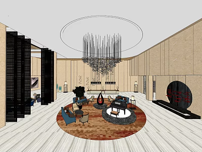Modern Hotel Lobby Interior With Circular Chandelier And Comfortable Sofa Seating 3d model
