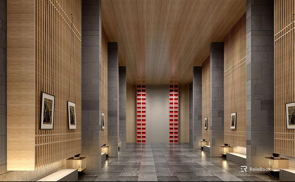 Modern Elevator Hallway With Wooden Ceiling Stone Pillars And Wall Art 3d model 