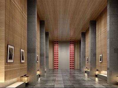 Modern Elevator Hallway With Wooden Ceiling Stone Pillars And Wall Art 3d model