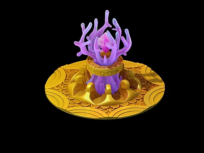 Purple Coral Like Plant With Pink Central Core On Golden Decorative Base With Patterns 3d model