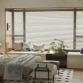 Modern Bedroom Window Seat With Soft Pillows Green Plant And Wooden Blinds