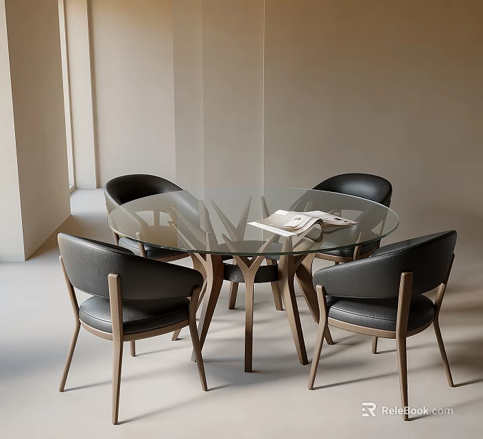 Modern Round Glass Top Table And Black Leather Chair Set With Wooden Legs For Interior 3d model 