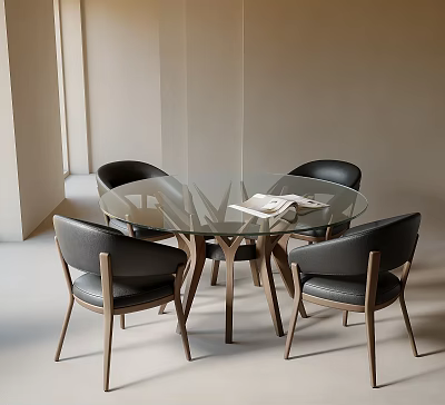 Modern Round Glass Top Table And Black Leather Chair Set With Wooden Legs For Interior 3d model