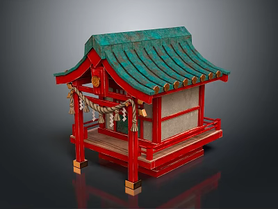 Traditional Japanese Shrine Structure With Teal Roof Red Pillars And Wooden Base 3d model