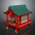 Traditional Japanese Shrine Structure With Teal Roof Red Pillars And Wooden Base