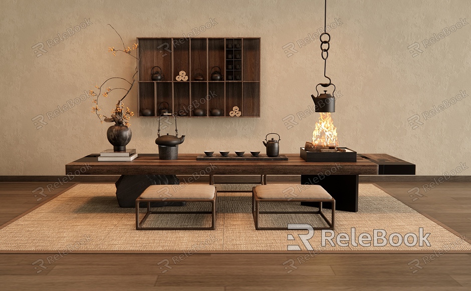 Tatami Tea Table and Chair Wall Decorations Pendant Vase Ornaments Tea Set model