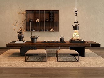 Tatami Tea Table and Chair Wall Decorations Pendant Vase Ornaments Tea Set 3d model