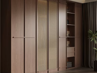 Modern Wooden Wardrobe Design With Lattice Panels Open Shelving And Accent Plant 3d model