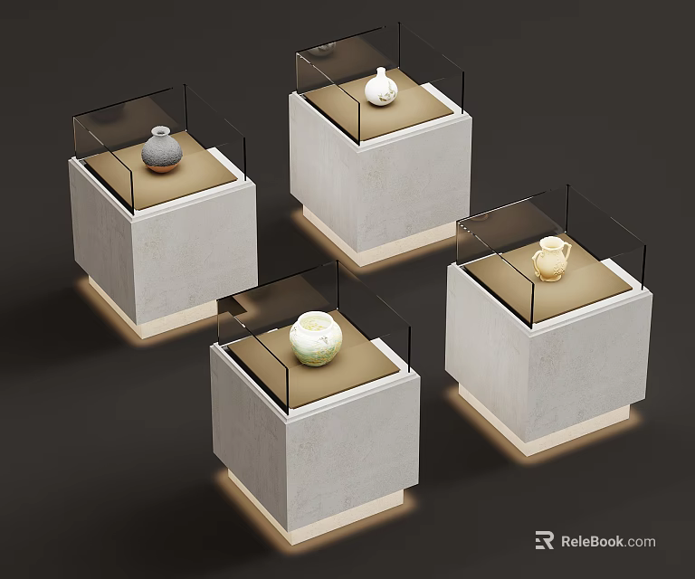 White Cube Display Cases With Glass Covers Holding Vases On Brown Padding 3d model
