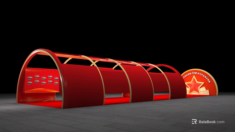 Red Arched Activity Passage With Golden Frames And Five Pointed Star Logo On Gray Floor 3d model 