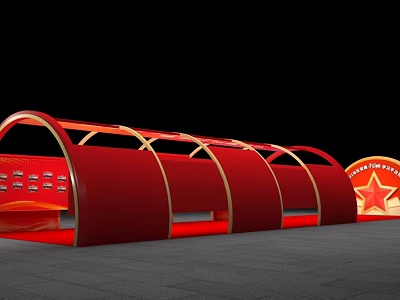 Red Arched Activity Passage With Golden Frames And Five Pointed Star Logo On Gray Floor 3d model