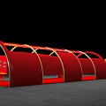 Red Arched Activity Passage With Golden Frames And Five Pointed Star Logo On Gray Floor