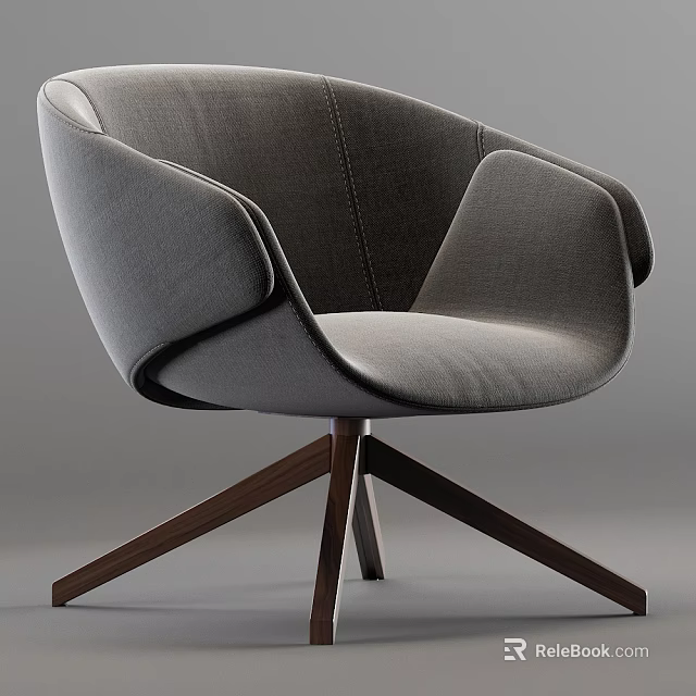 Stylish Gray Lounge Chair with Curved Design Padded Seat and Wooden Base 3d model 