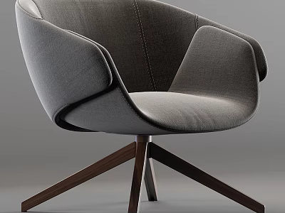 Stylish Gray Lounge Chair with Curved Design Padded Seat and Wooden Base 3d model