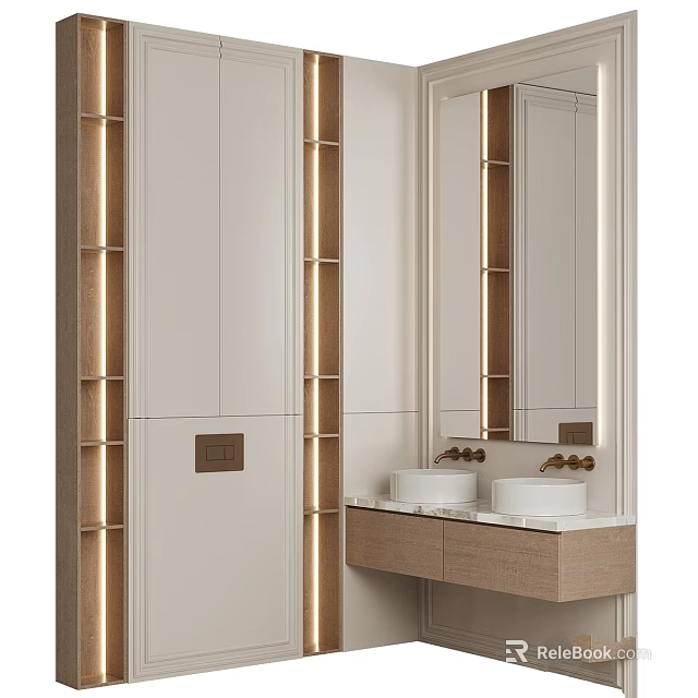 Modern Bathroom Vanity Design With Wooden Cabinet Marble Countertop And Mirror 3d model 