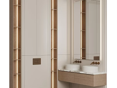 Modern Bathroom Vanity Design With Wooden Cabinet Marble Countertop And Mirror 3d model