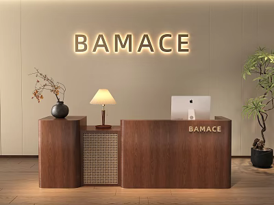BAMACE Modern Reception Desk With Illuminated Sign Table Lamp Decorative Vase Laptop And Potted Plant 3d model