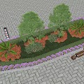 Decorative Flower Bed And Planters With Green Trees Colorful Flowers And Paved Ground