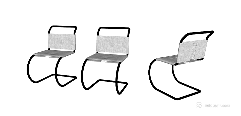 Modern Single Chair With Curved Black Metal Frame And Gray Fabric Seat 3d model 