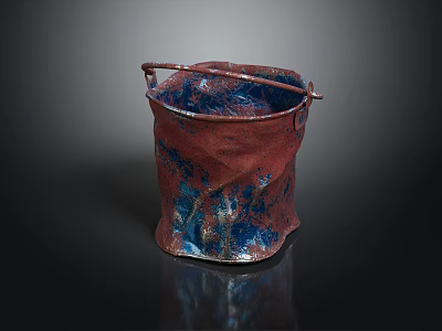 Industrial Equipment Metal Bucket With Red And Blue Rustic Textured Surface And Handle 3d model