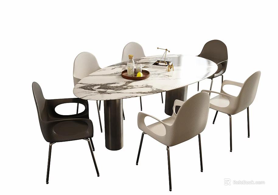 Modern Oval Dining Table And Chairs Set With Marble Top Black Light Gray Design 3d model 