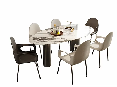 Modern Oval Dining Table And Chairs Set With Marble Top Black Light Gray Design 3d model