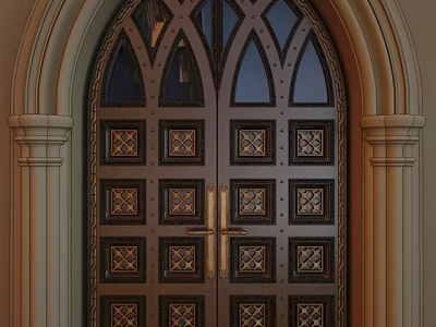 Ornate Arched Double Doors With Metal Frame Square Patterns And Decorative Columns 3d model