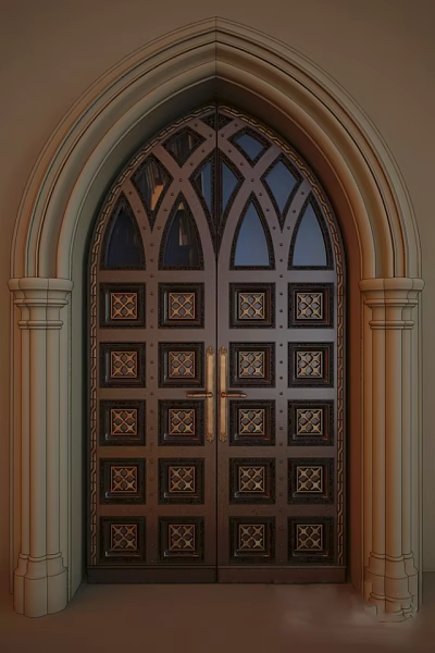 Ornate Arched Double Doors With Metal Frame Square Patterns And Decorative Columns 3d model
