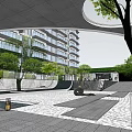 Modern Residential Landscape With Gray Textured Wall Sculpture Green Plants And High-Rise Background