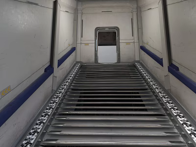 Industrial Storage Interior With Metal Roller Conveyor White Walls And Blue Stripes 3d model