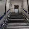 Industrial Storage Interior With Metal Roller Conveyor White Walls And Blue Stripes
