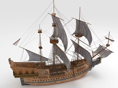 Vintage Wooden Sailing Ship Model With Multiple Masts And Gray Sails 3d model