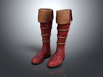Stylish Red Leather Long Boots With Brown Cuffs And Yellow Straps Design 3d model