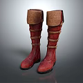Stylish Red Leather Long Boots With Brown Cuffs And Yellow Straps Design