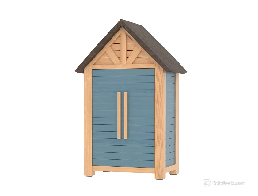 Wooden Storage Cabinet With Blue Double Doors And Gable Roof Design 3d model 