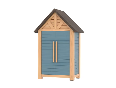 Wooden Storage Cabinet With Blue Double Doors And Gable Roof Design 3d model
