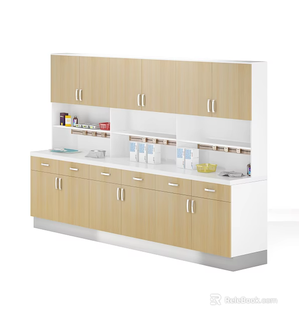Modern Style Kitchen Cabinet Set With Light Wood Finish White Countertop And Kitchen Supplies 3d model 