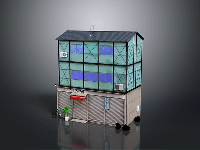 Two Story Building With Glass Exterior Blue Windows Dark Roof And Roller Shutter Doors 3d model