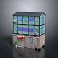 Two Story Building With Glass Exterior Blue Windows Dark Roof And Roller Shutter Doors
