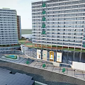 Modern Commercial Street With Covered Structure Palm Trees And Pedestrian Areas