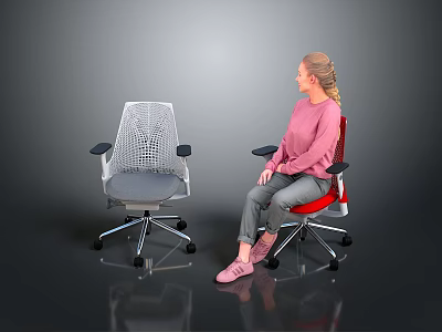 Modern Office Chairs In Red And White With A Seated Woman 3d model