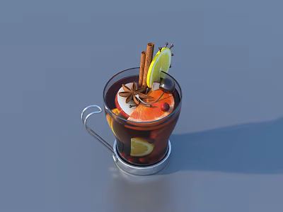 Warm Dark Spiced Beverage with Cinnamon Stick Lemon Slice and Anise Star in Glass Mug 3d model
