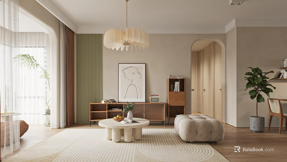 Modern Living Dining Room Interior With Beige Walls Arched Doorway Pendant Light And Green Plant 3d model 
