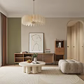 Modern Living Dining Room Interior With Beige Walls Arched Doorway Pendant Light And Green Plant