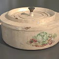 Cream Colored Cooking Pot With Lid Double Handles And Hand Painted Vegetable Design