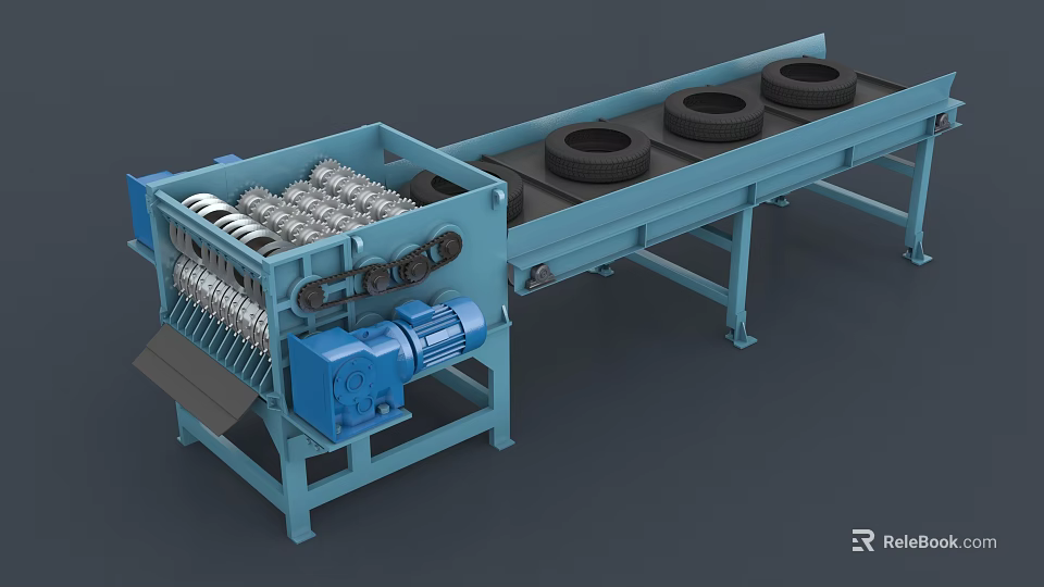 Industrial Tire Processing Equipment With Conveyor Belt And Shredder System 3d model 