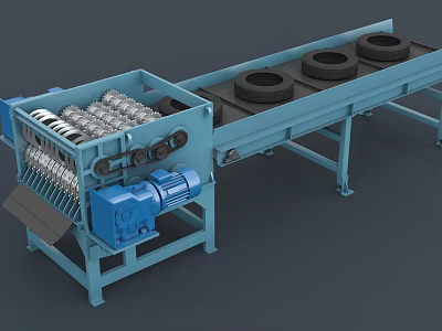Industrial Tire Processing Equipment With Conveyor Belt And Shredder System 3d model